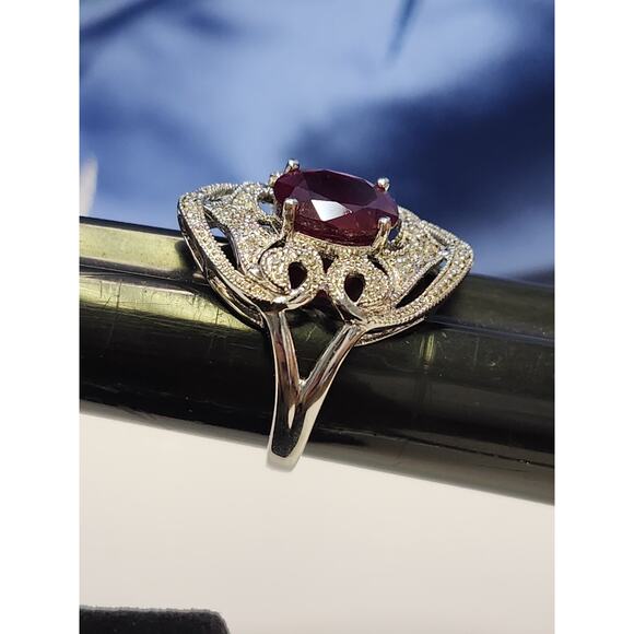 Estate diamond & Ruby Ring 925 Sterling Silver Cluster Ring Siz 7 - Picture 5 of 6